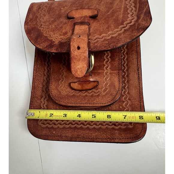 Vintage Handcrafted Leather Crossbody Bag Brown Brass Buckle Unisex - Picture 10 of 16